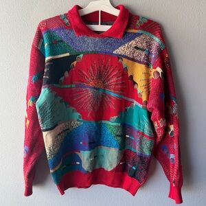 Geccu vintage 90s red sun stars planet knit Australian cotton sweater Men’s sz L